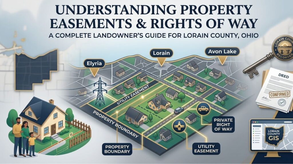 A detailed map of Lorain County showing property boundaries, easements, and utility access rights icons.