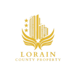 A modern, minimalist logo icon for property search featuring a house silhouette, a map location pin, and the Ohio state map inside a shield.