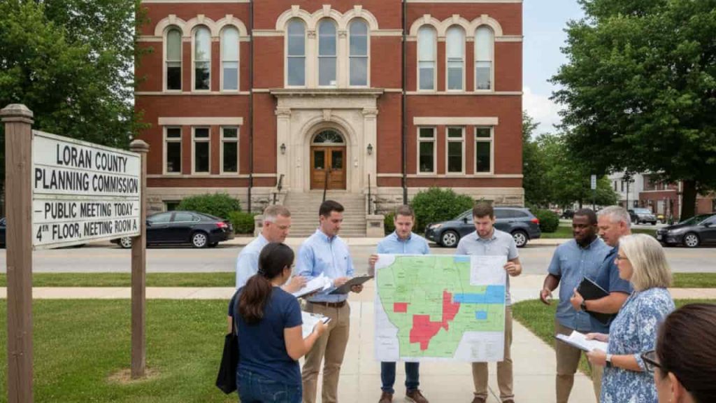 A group of professionals in front of a historic government building in Lorain County, Ohio, reviewing a large zoning map and planning documents. To the left, a sign announces a public meeting for the Lorain County Planning Commission.