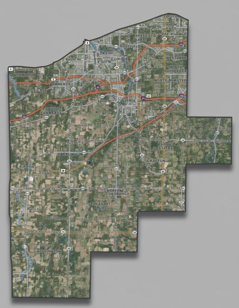 Lorain County Ohio satellite PDF map highlighting all cities, townships, villages, roads, and property boundaries for real estate and planning purposes.